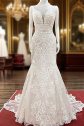 Long Mermaid Tulle Sleeveless Lace Backless Wedding Dresses